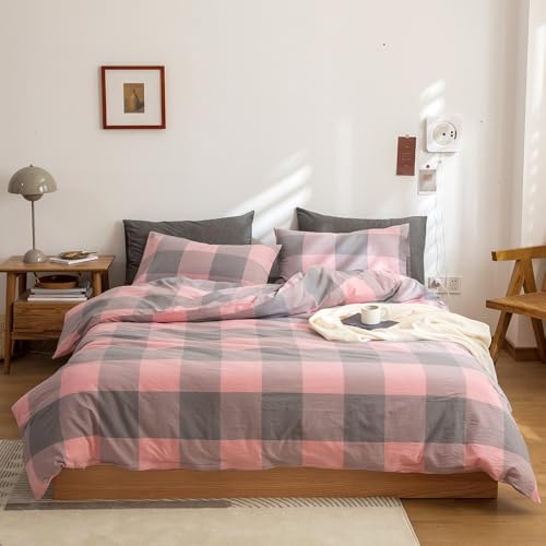 FACE TWO FACE Bedding Duvet Cover Set100% Washed Cotton Duvet Cover Linen Like Textured Breathable Durable Soft Comfy (Queen, Grey Powder Grid)