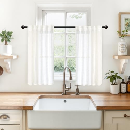 YoungsTex Linen Kitchen Curtains Window Over Sink - Cafe Drapes Semi Sheer with Rod Pocket Back Tab Light Filtering for Bathroom Small Windows, White, 2 Panels, 29 X 36 Inch