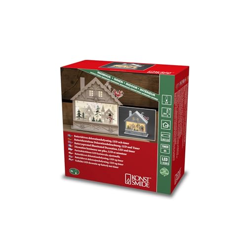 Konstsmide Christmas Lights/LED Wooden Silhouette Santa Reindeer and Sleigh Village Scene/6H Timer, 12 Diodes, Battery Operated or USB, Indoor, 2 x AA 1.5V (Excluded)