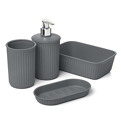 Tatay Set of 4pcs Bathroom Table Top (Tumbler + Dispenser + Soap Dish + Soap Dish + Organiser A6) Baobab, Plastic, BPA Free, Anthracite Grey
