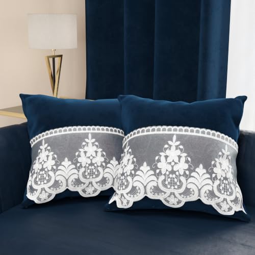 PETTI Artigiani Italiani - 2 Velvet Cushions with Rebrod?? Lace, Filling Included, 80 x 50 cm, Dark Blue