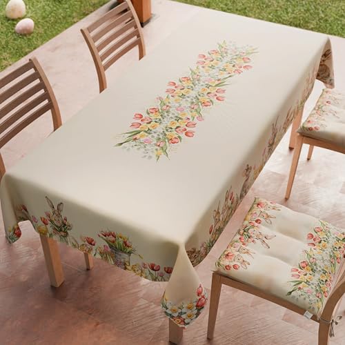 PETTI Artigiani Italiani - Easter Tablecloth Stain Resistant Square 140x140 cm 4 Seats, Microfibre Kitchen Table Cover, Tulips and Bunnies Design, 100% Made in Italy