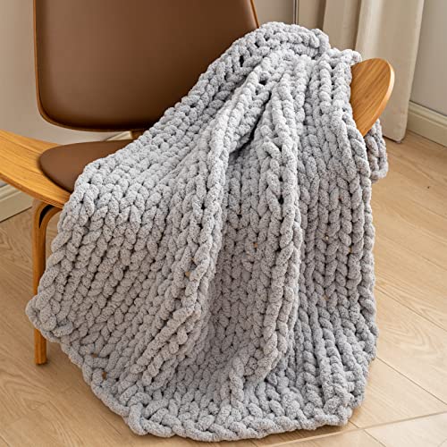 "WESHIONGOO Chunky Knit Blanket Throw 40""×40"" Knitted Throw Blankets for Couch Bed Fluffy Soft Blanket with Jumbo Chenille Yarn Thick 100% Handmade (Light Grey)"