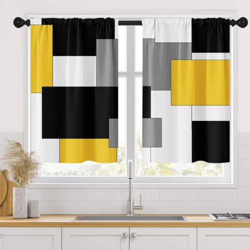 Tayney Yellow Kitchen Curtains 36 Inch Length Black Grey White Window Short Tier Curtains Over Sink Set of 2, Abstract Geometric Modern Art Small Kitchen Decor 34x36 Inch