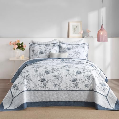 "FineStichery Oversized King Bedspreads 120""x120"", 100% Cotton Floral Super King Quilt Reversible Coverlet, Lightweight Farmhouse Quilted Bedding Set 3 Piece"