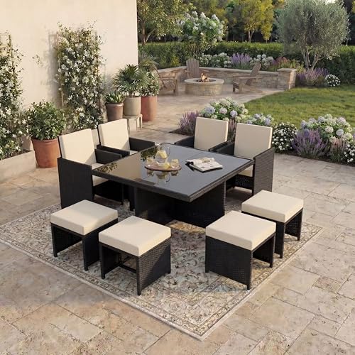 Garden Vida Cuba 8 Seater Rattan Set - Black - Complete Outdoor Garden Patio Dining Table Set - Steel Frame & PE Wicker - UKFR Certified - Weather Resistant, Tempered Glass, With Cushions