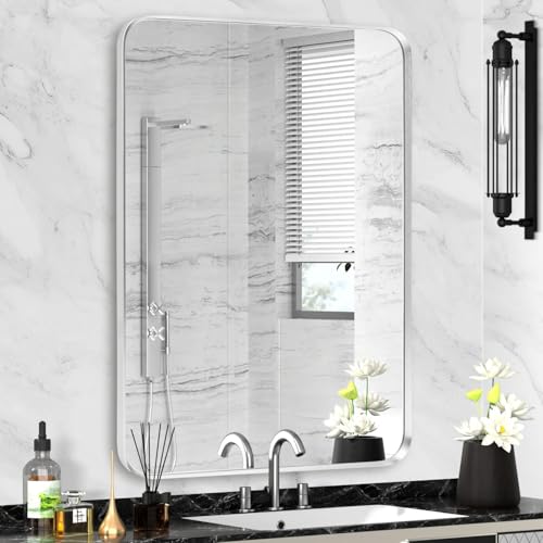 "Minuover Silver Framed Bathroom Mirror, Brushed Nickel Rounded Corner Rectangle Wall Mirror, Tempered Glass, Shatter Proof, Anti-Rust, Hangs Horizontally or Vertically (24"" x 32"", Silver)"