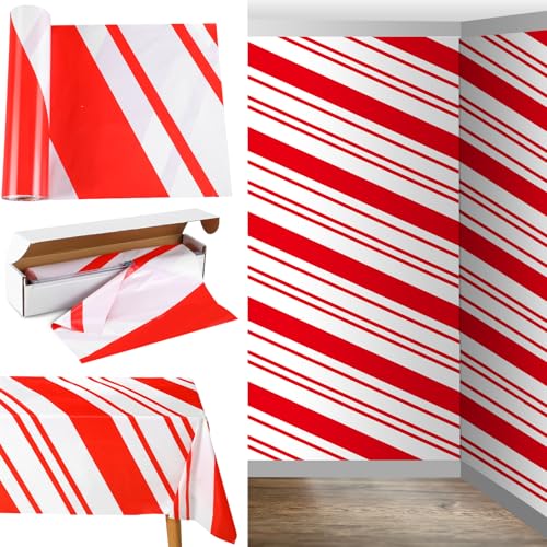 Oudain 54 Inch x 100 ft Red and White Striped Tablecloth Roll with Built in Slide Cutter Box Disposable Candy Cane Striped Tablecloth Plastic Table Cover for Christmas Holiday Party Supplies