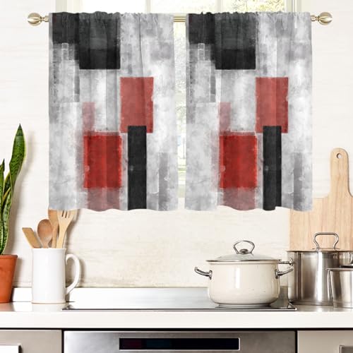 "AAtter Red and Black Kitchen Curtains, Abstract, 27.5"" W x 39"" L, 2 Panels - Rod Pocket Bathroom Window Drapes, Burgundy with Grey Plaid, Modern Geometric Style, Anime Checkered, Small Short Tiers"