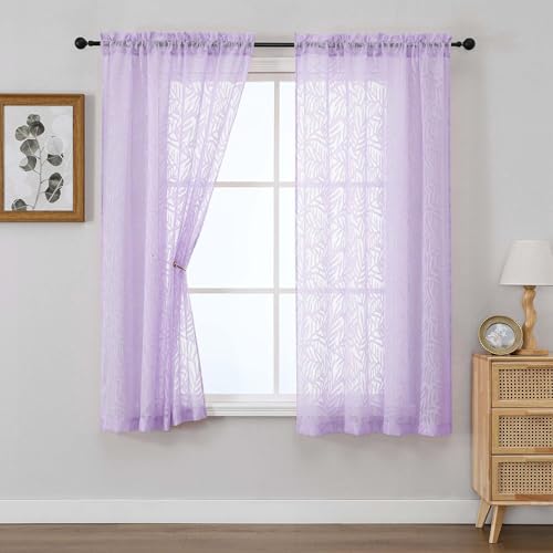 OVZME Lavender Sheer Curtains 63 Inch Length 2 Panel, Light Filtering Bedroom Curtains with Dual Rod Pocket, Leaf Clip Jacquard Sheer Farmhouse Window Drapes for Living Room, 2x42Wx63L Inches