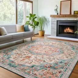 SONGMICS HOME Area Rug, 160 x 230 cm Rug for Bedroom, Non-Slip Carpet, Traditional Vintage Style, Home Decor, for Living Room, Kitchen, Dining Room, Machine Washable, Teal Blue TAR033Q01