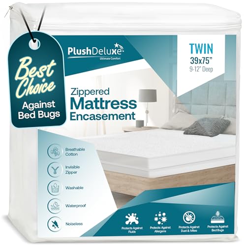 PlushDeluxe Zippered Mattress Encasement, Waterproof, Bed Bug & Dust Mite Proof 6-Sided Protector Cover, (Fits 9-12 Inches H) Twin