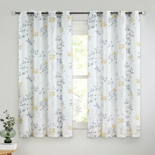 Beauoop Floral Linen Semi Sheer Curtains Living Room Yellow Grey 50x54x2 - Farmhouse Flower Patterned Yellow White Light Filtering Drapes for Bedroom 2 Panels Textured Window Treatment Grommet