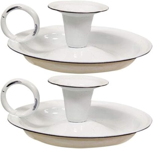 Enamel Taper Candle Holder Set of 2 - White 5 Inch - Vintage Farmhouse style