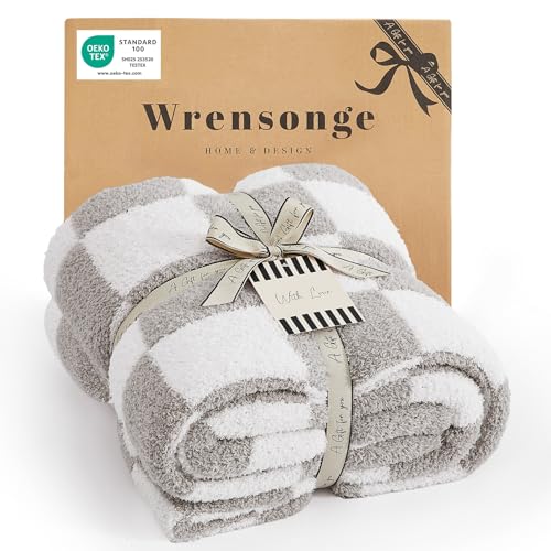 "WRENSONGE Checkered Throw Blanket, Light Grey Microfiber Soft Cozy Fluffy Warm Hand Made Throw Blankets for Couch, Sofa, Chair, Bed, Camping, Picnic, Travel Lightweight Bed Blanket - 50""*70"""