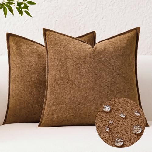 Kevin Textile Waterproof Decorative Pillow Covers Brown 16x16 Inch Pack of 2 Soft Boucle Textured Throw Pillowcases Elegant Accent Pillows for Couch Sofa Chair Bed Home Decor Indoor Outdoor
