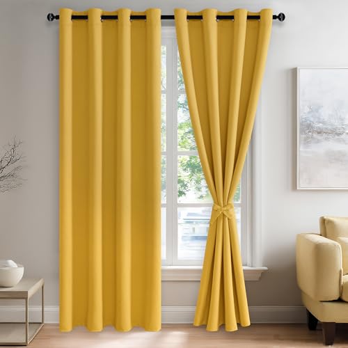 JIUZHEN Blackout Curtains with Tiebacks - Thermal Insulated, Light Blocking and Noise Reducing Grommet Curtain Drapes for Bedroom and Living Room, Set of 2 Panels, Yellow, 52 x 84 Inch Length