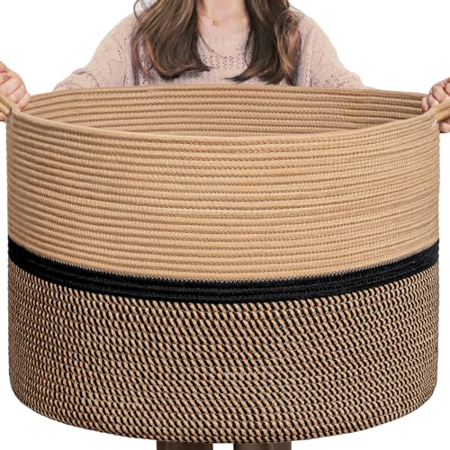 "CHICVITA XXL Extra Large Cotton Rope Woven Basket, Throw Blanket Storage Basket with Handles, Decorative Clothes Hamper - 22"" x 22"" x 14"", Black"