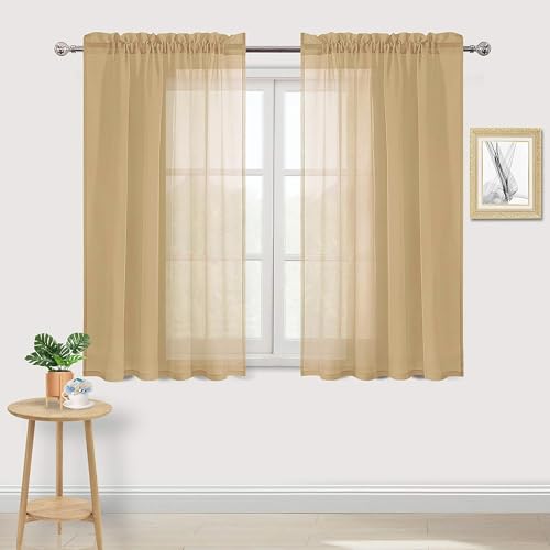 DWCN Sheer Voile Curtains Semi-Sheer Curtains with Rod Pocket for Bedroom Living Room 52x45 Inch Drop Set of 2 Panels, Taupe