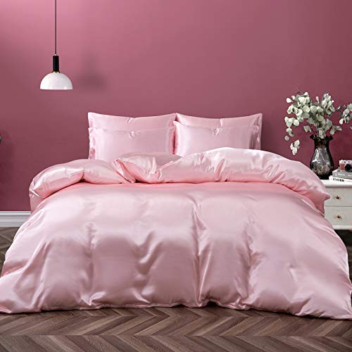P Pothuiny 3 Pieces Satin Duvet Cover Twin/Twin XL Size, Luxury Silky Like Blush Pink Duvet Cover Bedding Set with Zipper Closure, 1 Duvet Cover + 2 Pillow Cases (No Comforter)