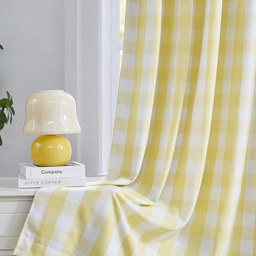 "Bapawfish Short Yellow White Buffalo Plaid Blackout Window Curtains 63 Inch - Darkening Thermal Insulated Double-Layer Drapes,Cottage Window Treatment Bedroom Living Room,Rod Pocket Back Tabs,40""Wx63""Lx2"