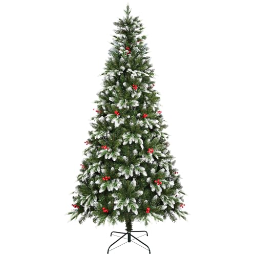 Uten Artificial 5ft Christmas Tree, PE Deluxe Snowy Artificial Indoor Home Xmas Tree Decoration, 500 Natural Looking PVC and PE Tips, 23 Groups Red Berries, Hinged Branches, Metal Stand, Reusable