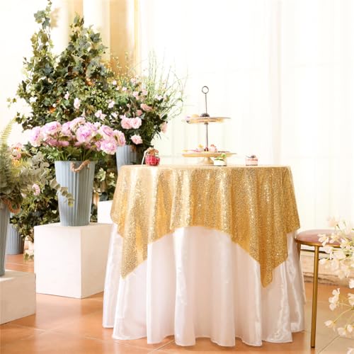 Eternal Beauty Gold Tablecloth, 50x50 Inch Sequin Square Table Cover for Valentines Cake Dessert Exhibition Party Birthday Events