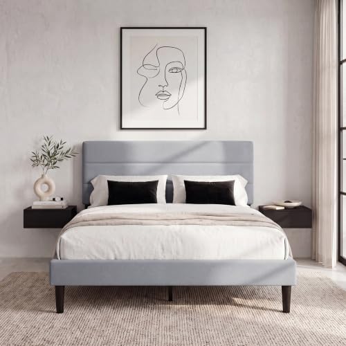 Vida Designs Vandura Double Fabric Bed Frame - Light Grey Linen - 97-106H x 143.5W x 195.5D cm - Soft Cushioned & Adjustable Headboard - Under Bed Storage - Slatted Base - Minimalist Style