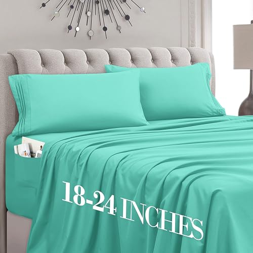 Mocassi King Size 4-Piece Bed Sheet Set - 1800 Premium Hotel Quality Microfiber 18-24 Inches Extra Deep Pocket Fitted Sheet- Luxury Soft, Breathable, Wrinkle, and Fade Resistant, Paradise Teal