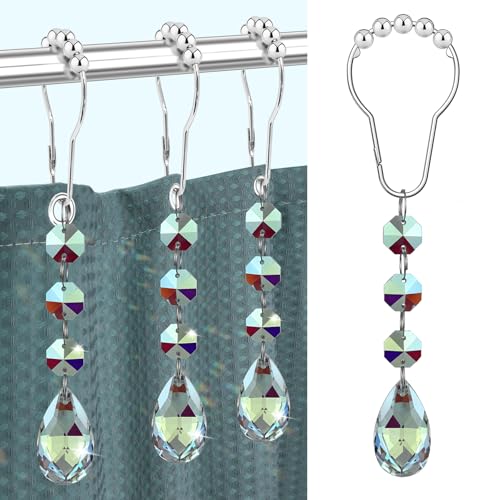 Yapicoco Shower Curtain Hooks Rings for Bathroom, 12PCS Gemstone Crystal Bead Stainless Steel Rust Resistant Clear Shower Curtain Rings for Shower Curtains (Multicolor)