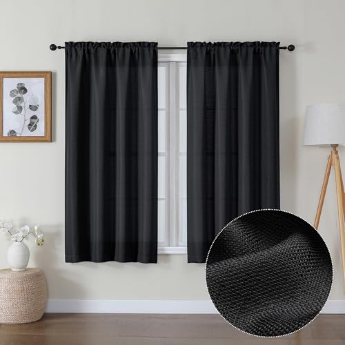 Lecloud Bessie Black Curtains 54 Inch Length 2 Panels Set, Faux Linen Textured Airy Light-Filtering Curtains for Bedroom with Dual Rod Pocket, Burlap Window Treatments, Each 30 W x 54 L