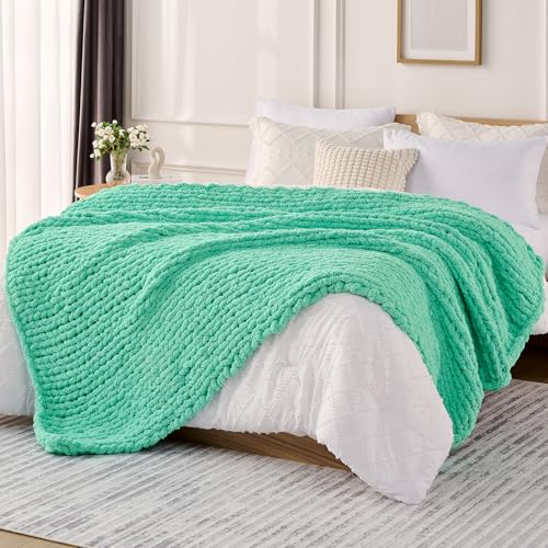 L'AGRATY Chunky Knit Blanket Throw: 60''x80'' Chenille Chunky Knitted Throw Blanket for Bed Couch - Handmade Thick Big Cable Knit Blanket - Large Crochet Rope Blanket for Home Decor(Aqua)