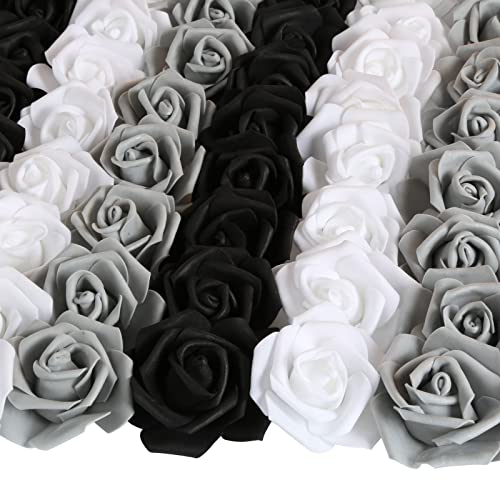 INSUNSIX 100pcs Black Roses Artificial Flowers,3inch White Foam Fake Rose Heads Stemless Gray Faux Flowers Bulk for DIY Crafts,Cake Decoration Wedding,Baby Shower Flower Centerpieces(Black&white&gray)