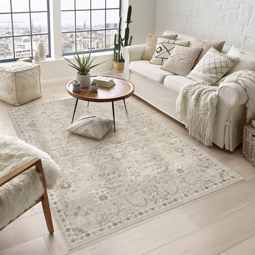 Rugs by Desire Maia Washable Living Room Area Rug – Soft Polypropylene Weaving, Low Pile, Non Slip Cotton Backing for Elegant Indoor Spaces, Beige, 160 x 240 cm (Rectangular)