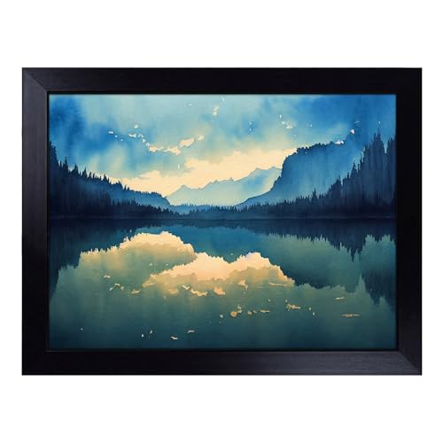 Lap Tray with Bean Bag Cushion, Watercolour Forest Lake - Handmade in the UK, Raised Wooden Edge, Padded Cushion, Heat-Resistant Wipe-Clean Surface, for Meals, Laptops and Crafts