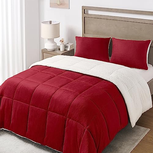 "Basic Beyond Twin Comforter Set - Micromink Fleece Sherpa Comforter for Twin Bed, Soft and Warm Twin Bedding Comforter Set for Girls and Boys in Winter, Red, 64""x88"""
