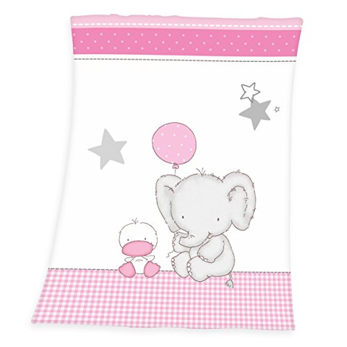 Herding Fynn Baby Blanket, Elephant Motif, 75 x 100 cm, Microfiber Fleece, White/Pink