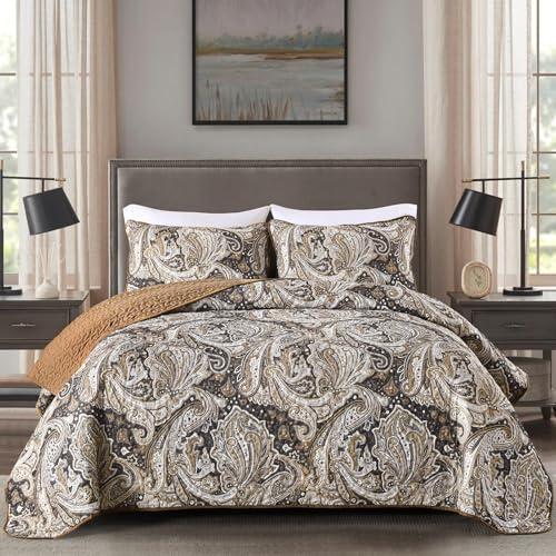 "DJY Brown Paisley Quilt Set King Boho Bedspread Coverlet Set 3 Pieces, Soft Lightweight Microfiber Paisley Floral Pattern Bedding for All Season, 110""x90"""