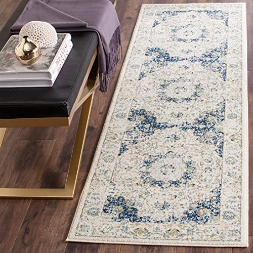 Safavieh Traditional Rug for Living Room, Dining Room, Bedroom - Evoke Collection, Short Pile, in Ivory and Blue, 60 x 240 cm