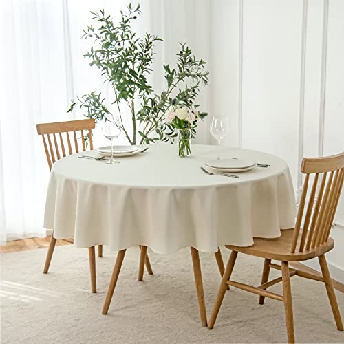 maxmill - Round Textured Linen Tablecloth Spill-Proof Wrinkle Free Soft Jacquard Table Cover for Circular Table Cover for Dining Buffet Banquet Dinner Holiday 70 Inch Ivory