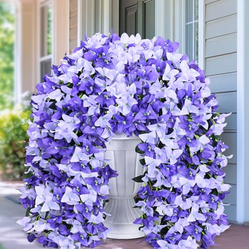 Siyaluens Artificial Flowers for Outdoors - 4 Pcs UV Resistant Realistic Faux Silk Bougainvillea Flowers, Fake Hanging Plants for Porch Patio Balcony Decoration (White & Purple)