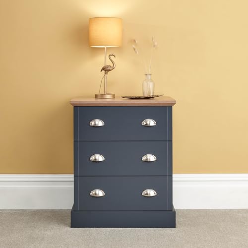 GFW Kendal 3 Drawer Chest With Steel cup Handle & 34 Litre Drawers Bedroom, Modern Wooden side table, Modern Bedroom Furniture Storage With Contrast Oak Top, Slate Blue, H-71.2cm x W-59cm x D-39.6cm