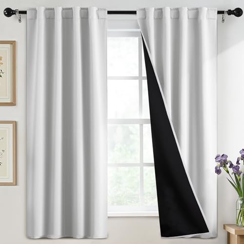 SimpleHome 100% Blackout 63 Inch White Curtains for Living Room - Curtains for Bedroom,Rod Pocket and Back Tab Window Drapes,Room Darkening Curtains with Black Back,40 x 63 Inch,2 Panels