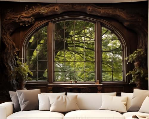 QGHOT Forest Window Tapestry, Nature Outdoor Tapestry Wall Hanging Woodland Scene Large Wall Mural for Bedroom Living Room Office Decor 80x60in