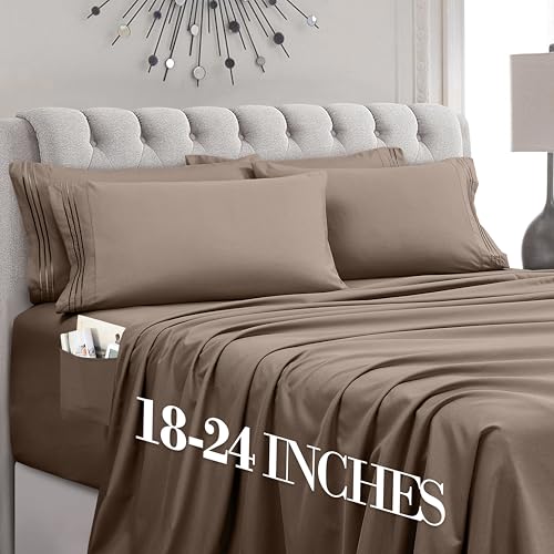 Mocassi Luxury 4-Piece Sheet Set, Ultra Soft 1800 Premium Hotel Quality Microfiber Sheet Set, Fits Mattresses Up to 18 to 24 Inches Extra Deep Pocket - Breathable and Secure Fit, Twin, Taupe