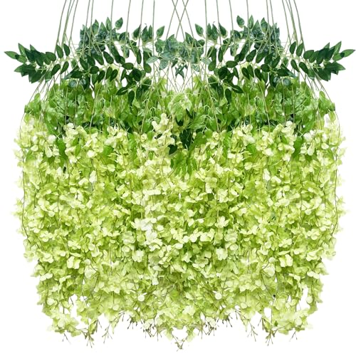 WONICE Artificial Wisteria Hanging Flowers Fake Wisteria Flower Garland Silk Vines Rattan Decor for Home Wedding Arch Wall Garden Greenery Bedroom Outdoor Office Party Decoration (12, Green)