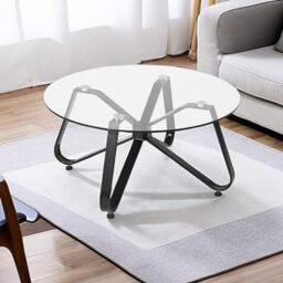FurnitureR Nordic Minimalist Round Coffee Tempered Glass Top, Modern Black Iron Base, Side Table for Home, Living Room, Patio, Garden, 80 x 80 x 40 cm, 80 x 80 x 40cm