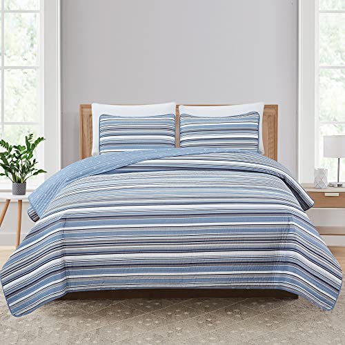 Market & Place 3 Piece Reversible Quilt Set with Shams - All-Season Soft & Lightweight Bedspread with Modern Striped Pattern - Elise Collection (King, Blue/Grey)