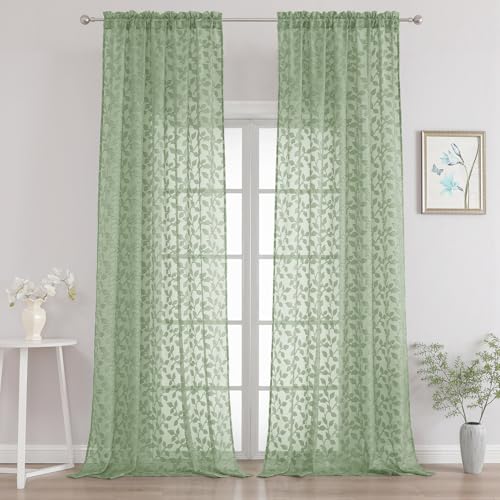 "Chyhomenyc Extra Long Sage Green Sheer Curtains 120 Inch Length 2 Panels Set, Light Filtering Tufted Textured Soft Airy Rod Pocket Leaf Window Treatment Drapes for Living Room, 52"" Wx120 L, 2PCS"