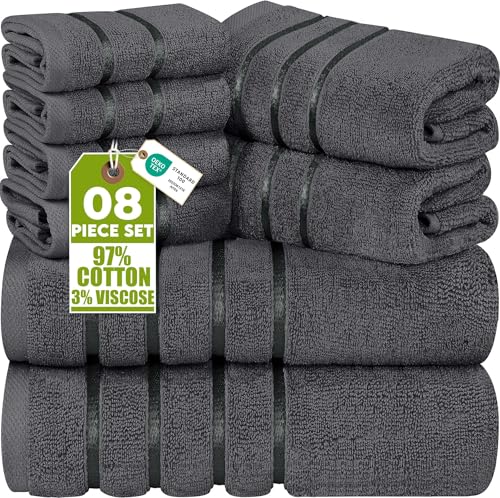 Utopia Towels 8-Piece Luxury Towel Set, 2 Bath Towels, 2 Hand Towels, and 4 Wash Cloths,97% Ring Spun Cotton Highly Absorbent Viscose Stripe Towels Ideal for Everyday use (GREY)